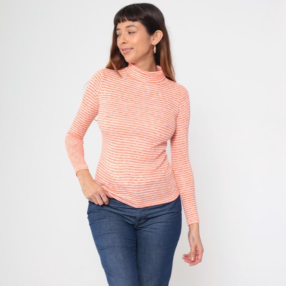 Striped Turtleneck 70s Orange White Striped Mock Neck Long Sleeve Vintage 70s Preppy Top Ribbed Knit 70s Fitted Coral Stretch Small S
