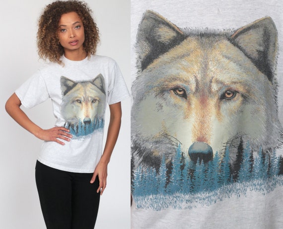 Wolf Tshirt Animal Shirt 90s Wolf Print TShirt Distressed Forest T Shirt 90s Animal Tee Vintage Single Stitch Graphic Shirt Medium Large