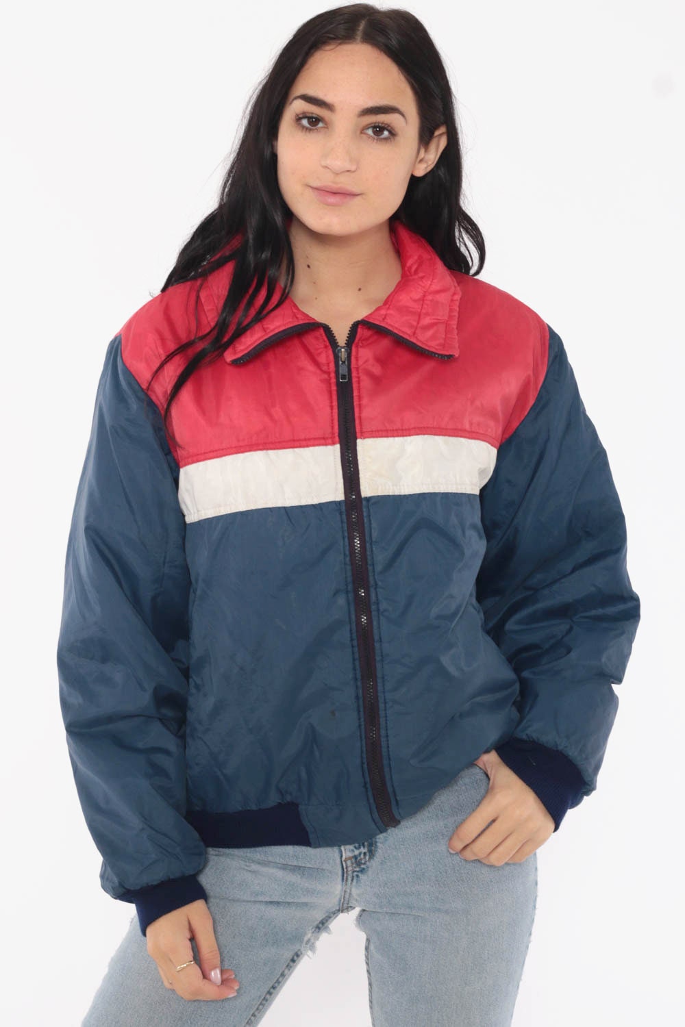 red white and blue bubble coat