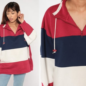 Color Block Sweatshirt 90s Red White Blue Striped Quarter Zip Sweater Retro Pullover Streetwear Sporty 1990s Vintage Men&#39;s Extra Large xl