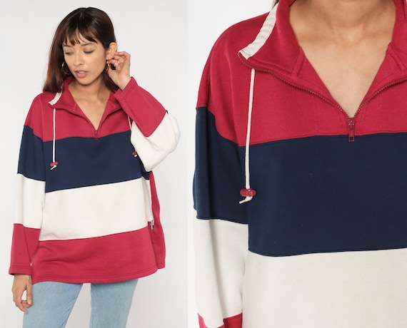 Color Block Sweatshirt 90s Red White Blue Striped Quarter Zip Sweater Retro Pullover Streetwear Sporty 1990s Vintage Men's Extra Large xl