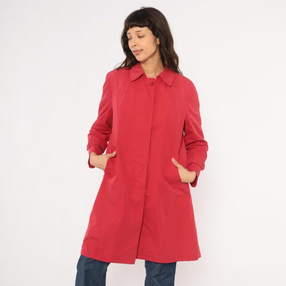 80s Red Mac Coat Button Front Cotton Trench Pointed Collar Crimson Raincoat Cherry Lightweight Jacket A-Line Vintage Petite Medium M