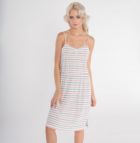 Striped Sundress 80s Midi Dress Sleeveless White Black Red Blue Retro Day Sun Dress Summer Casual Tank High Waisted Vintage 1980s Small S