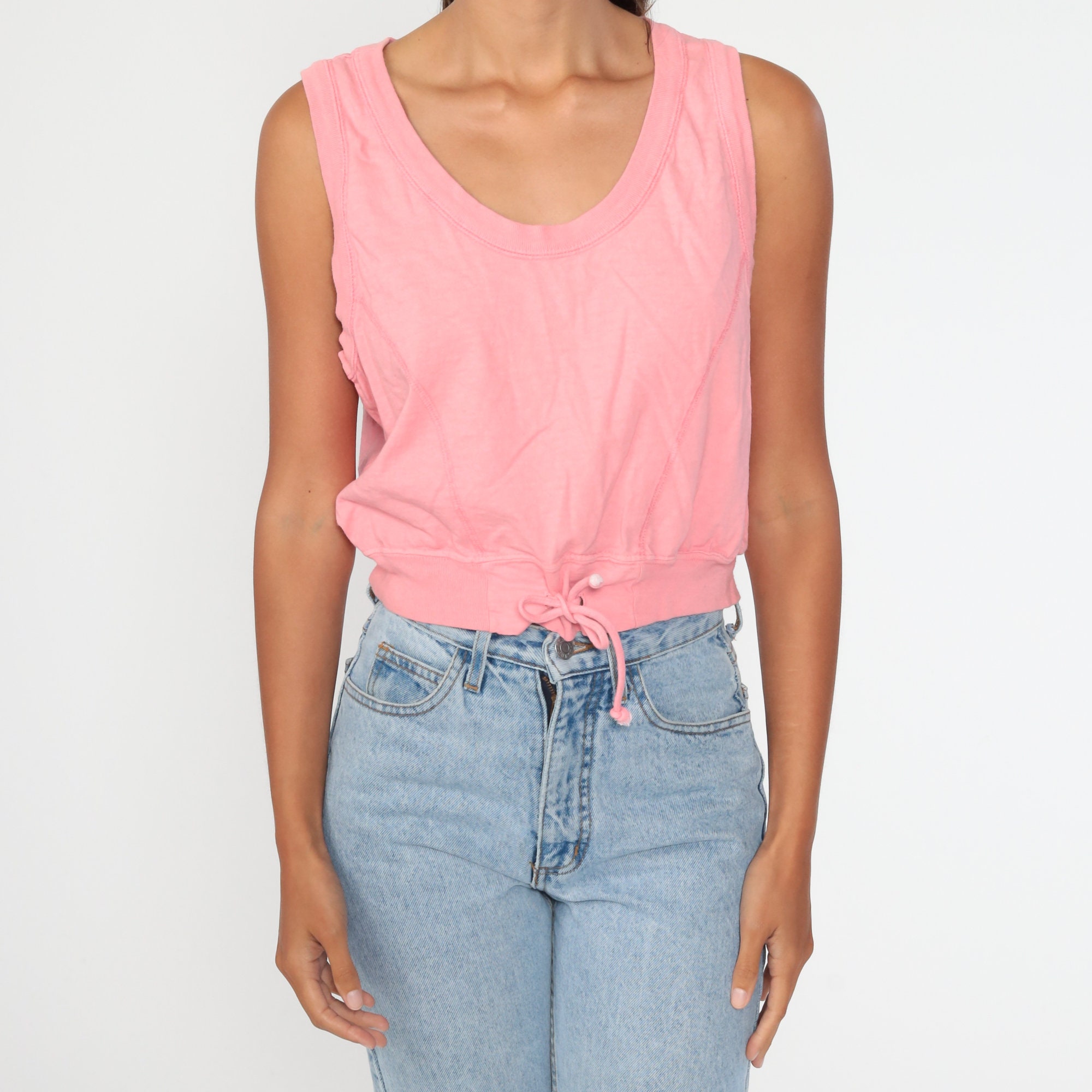 Pink Crop Top 90s Shirt Vintage Top Drawstring Waist