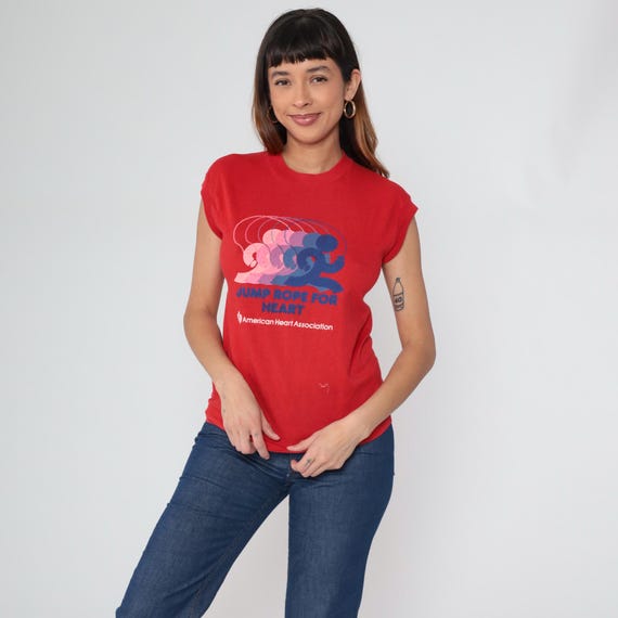 80s Jump Rope For Heart Tshirt Vintage American Heart Association Red Muscle Tee Ombre Graphic Retro Charity Event Screen Stars Small S
