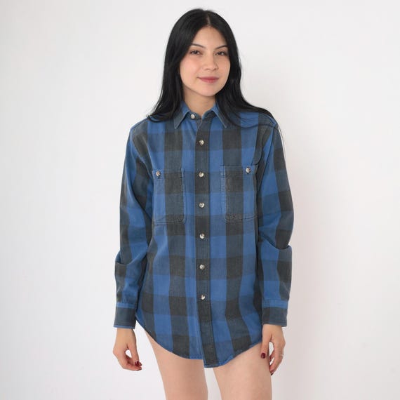 90s Buffalo Plaid Shirt Button up Shirt Blue Black Retro Checkered Long Sleeve Chest Pocket Cotton Vintage 1990s Men's Small S