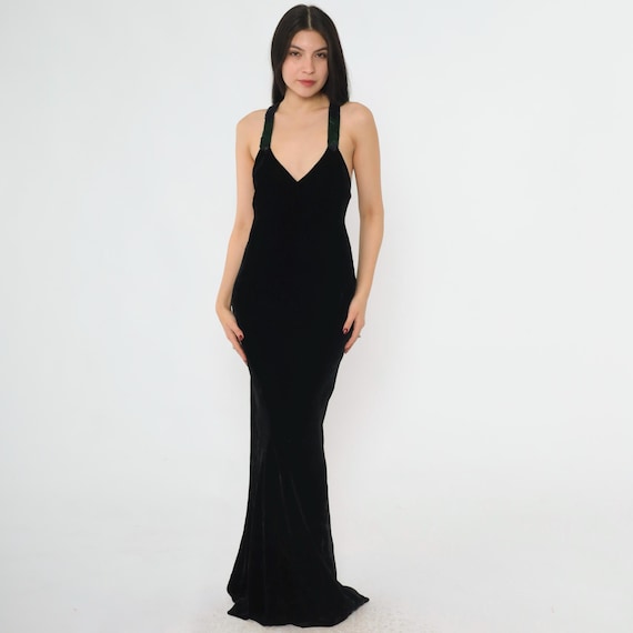 Vintage Ralph Lauren Collection Gown 90s Black Velvet Evening Dress Sequin Strap Criss Cross Open Back Formal Party Maxi Silk Blend Small 4