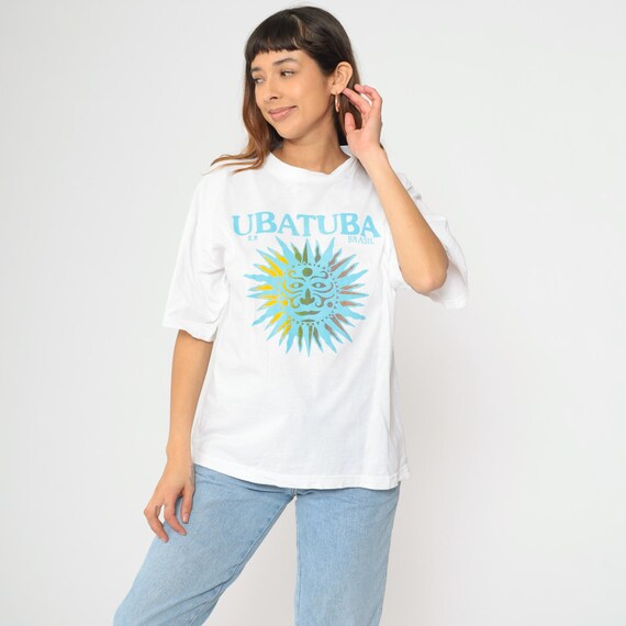 Y2K Ubatuba Brazil T-Shirt South America Shirt White Graphic Sun Tee Retro Travel Destination Vintage 00s Large L