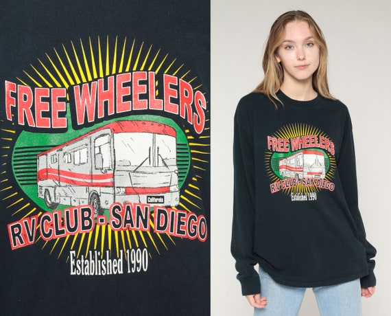 Freewheelers RV Club Shirt 90s San Diego T-Shirt California Travel Graphic Tee Retro Tourist TShirt Long Sleeve Black Vintage 1990s Large L