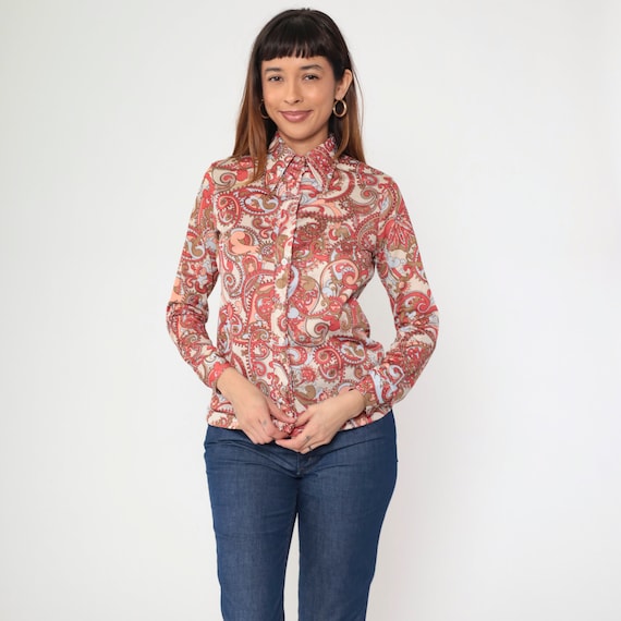 70s Paisley Shirt Dagger Collar Blouse Cream Coral Psychedelic Blouse Boho Top Hippie 1970s Vintage Bohemian Button Up Long Sleeve Small