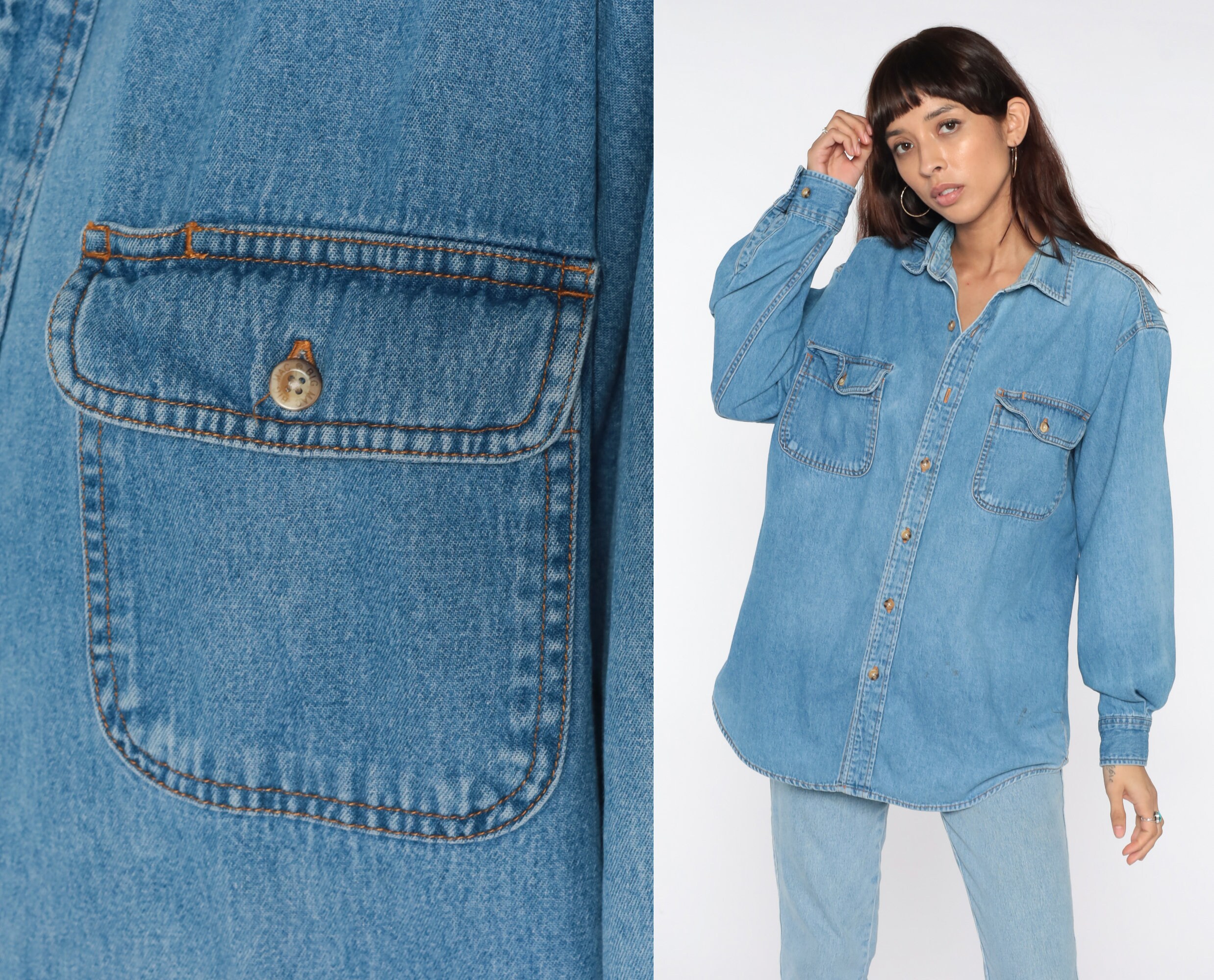 Blue Denim Shirt 90s Grunge Shirt BIG 