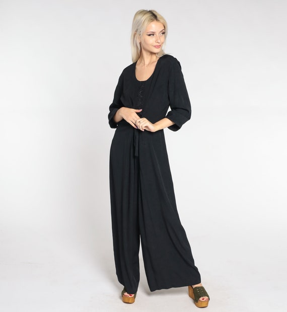 Black Jumpsuit 90s Wide Leg Pantsuit Floral Embroider… Gem