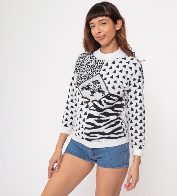 90s  Novelty Sweater Vintage Mixed Print Animal Pattern White Black Knit Top Leopard Zebra Triangle Graphic Pullover Bow Jumper Small S