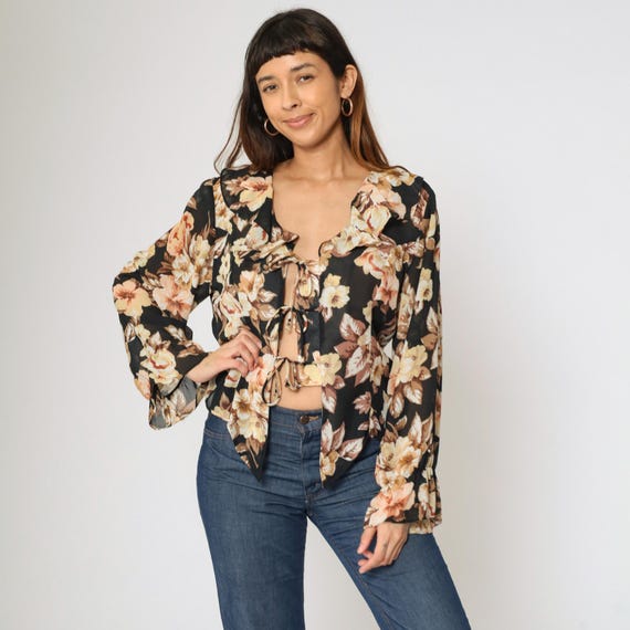 Vintage Black Floral Blouse 90s Ruffle Collar Tie Front Romantic Peasant Boho Top Long Sleeve 1990s Lightweight Layer Gemini USA Large L