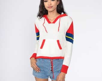 70s Hooded Sweater White Red Striped Knit Hoodie Vintage Hippie Boho Pullover Hood Hippie Jumper Kangaroo Pocket Small S