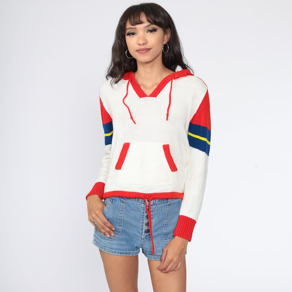 70s Hooded Sweater White Red Striped Knit Hoodie Vintage Hippie Boho Pullover Hood Hippie Jumper Kangaroo Pocket Small S