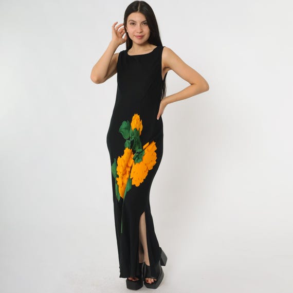Marigold Maxi Dress 90s Black Orange Floral Print Dresses Sleeveless A Line Cottagecore Y2K Fairy Dreamy Aesthetic Vintage Summer Large L