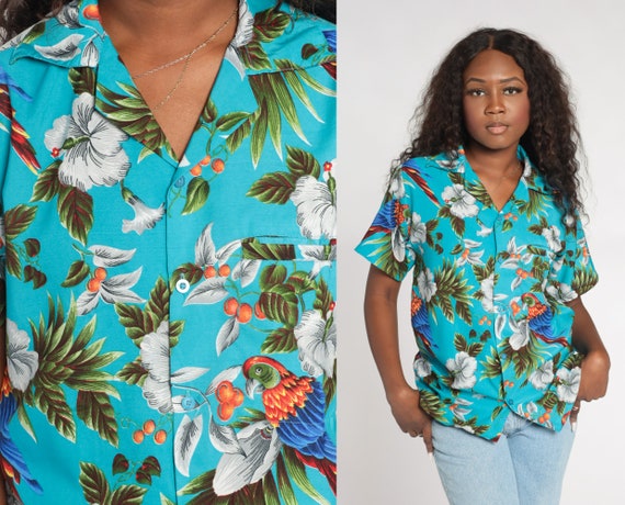 Blue Tropical Shirt Y2k Hawaiian Button Up Parrot Leaf Floral Print Retro Surfer Tourist Top Short Sleeve Bird Flower Vintage 00s Small S