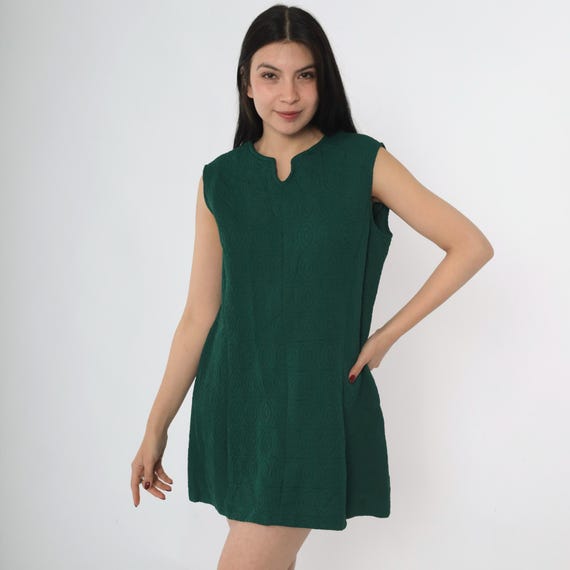 Vintage 60s 70s Mod Dress Dark Green Geometric Textured Gogo Mini Shift Sleeveless 1970s Twiggy Go Go A-Line Retro Large L