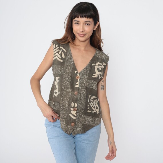 Petroglyph Print Vest 00s Abstract Geometric Button up Vest Retro V Neck Earth Tone Sleeveless Top Hippie Vintage Y2K Brown Rayon Large L
