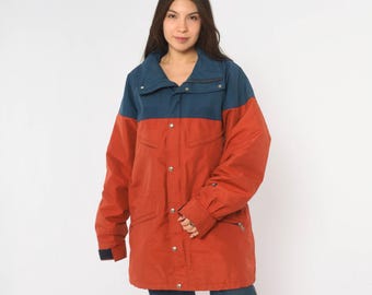 80s North Face Mountain Parka Rust Orange Navy Blue Color Block Hood Jacket Chest Pockets Drawstring Outdoor Hiking Gorpcore Vintage Large L