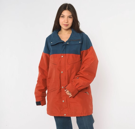80s North Face Mountain Parka Rust Orange Navy Blue Color Block Hood Jacket Chest Pockets Drawstring Outdoor Hiking Gorpcore Vintage Large L