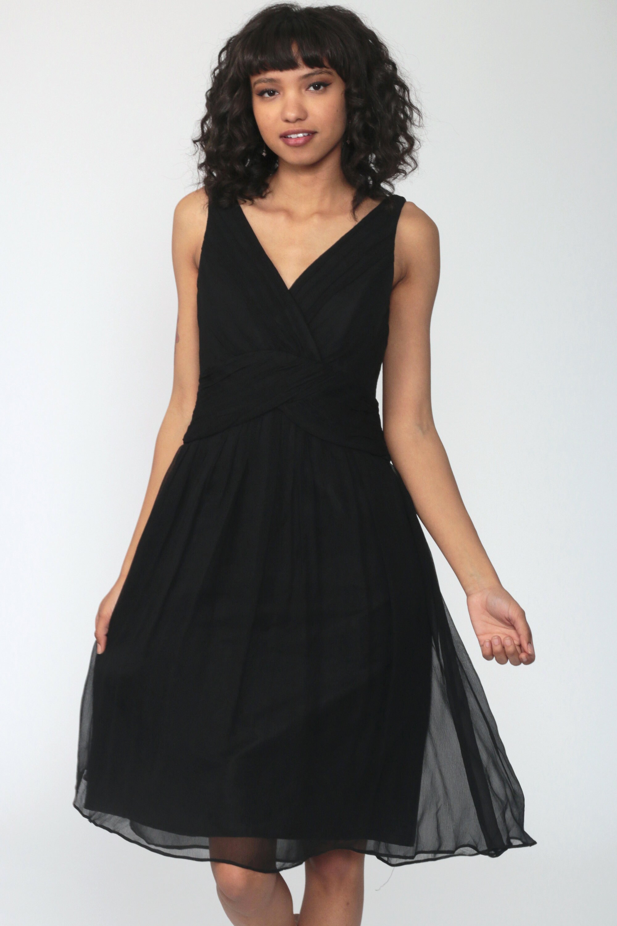 90s Party Dress Midi Black Silk Dress V Neck Party Dress 1990s Chiffon Dress Cocktail Formal