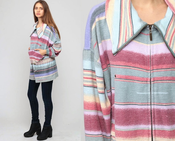 Anorak Jacket Striped Jacket 90s Jacket Boho Grunge Jacket Pink Moss Green Bohemian DRAWSTRING WAIST Hipster Vintage 1990s Extra Large xl