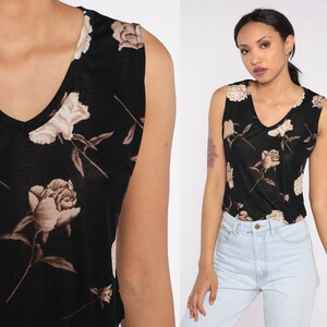 Rose Tank Top 90s Black Cropped Floral Shirt Grunge V Neck Sleeveless Blouse Hippie Flower Print Girly Crop Top Summer Vintage 1990s Medium