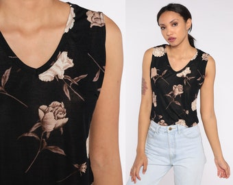 Rose Tank Top 90s Black Cropped Floral Shirt Grunge V Neck Sleeveless Blouse Hippie Flower Print Girly Crop Top Summer Vintage 1990s Medium