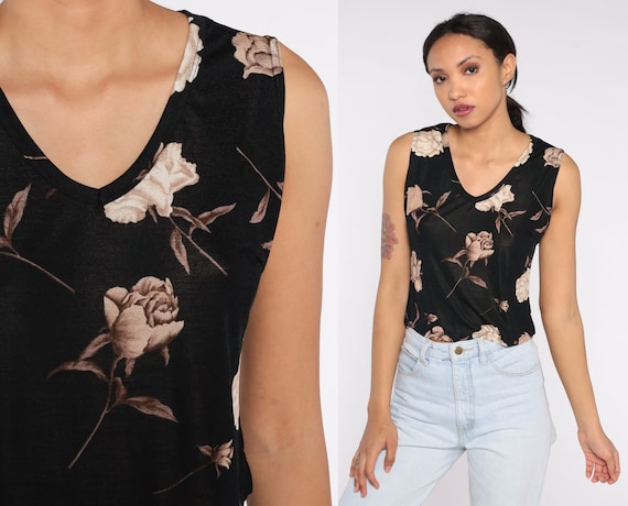Rose Tank Top 90s Black Cropped Floral Shirt Grunge V Neck Sleeveless Blouse Hippie Flower Print Girly Crop Top Summer Vintage 1990s Medium