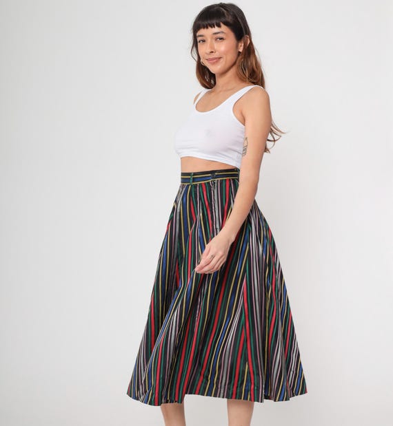 1950s Skirt Circle Skirt Pin Up RAINBOW Striped Primary Color 50s High Waisted Rockabilly Black Tea Length Midi Vintage High Waist Small
