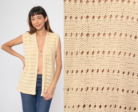 70s Cream Knit Vest Top Sleeveless Crochet Sweater V Neck Tank Sheer Open Front Pointelle 1970s Retro Vintage Medium