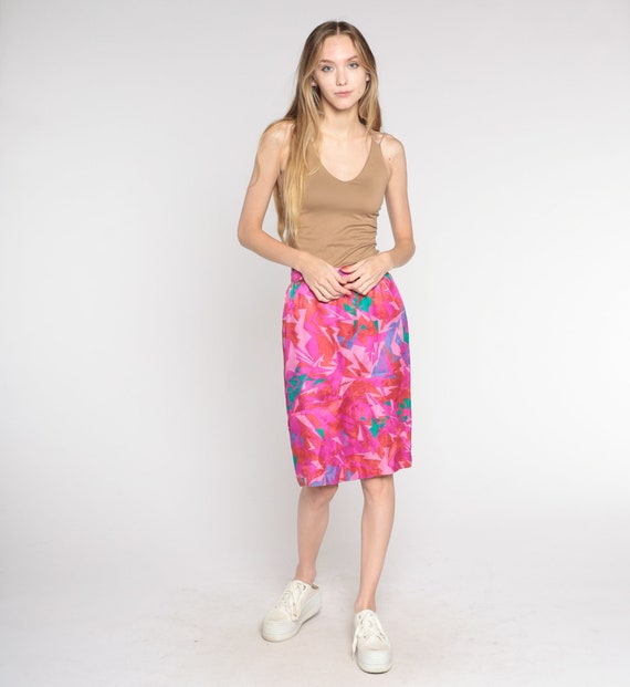 Vintage 80s Pencil Skirt xs Pink Abstract Geometric Print Mini Skirt Red High Waisted Wiggle Above Knee Retro Purple Green 1980s Extra Small