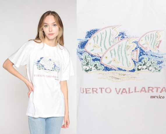 Puerto Vallarta Shirt Y2K Tropical Fish T-Shirt Mexico Graphic Tee Retro Ocean Surfer Beach Vacation Under The Sea White Vintage 00s Large L