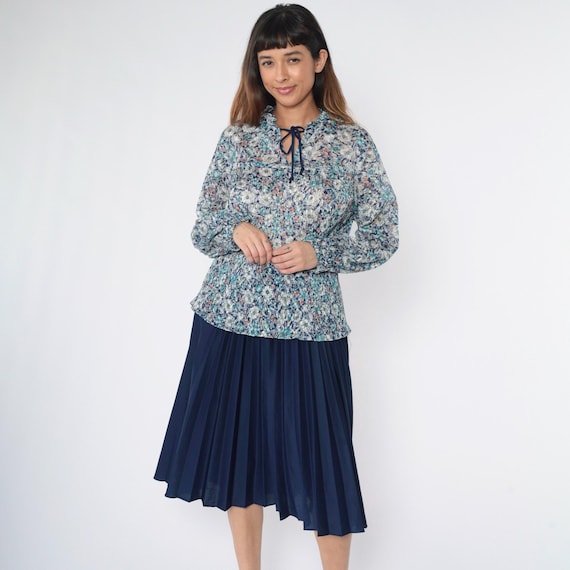 Vintage 70s Floral Lace Boho Dress Blue Long Sleeve Ruffle Collar High Elastic Waist Sheer Peplum Pleated Prairie Midi 1970s Medium Large
