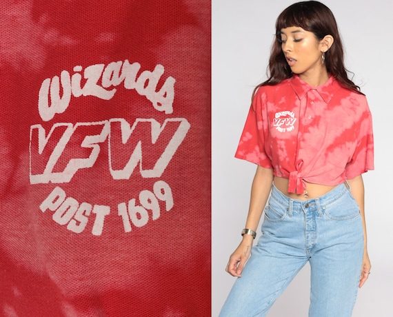 VFW Veteran Shirt 1699 Tie Dye Shirt Crop Top 90s Button Up Shirt Red Cropped Blouse 1990s Vintage Half Button Polo Extra Large xl