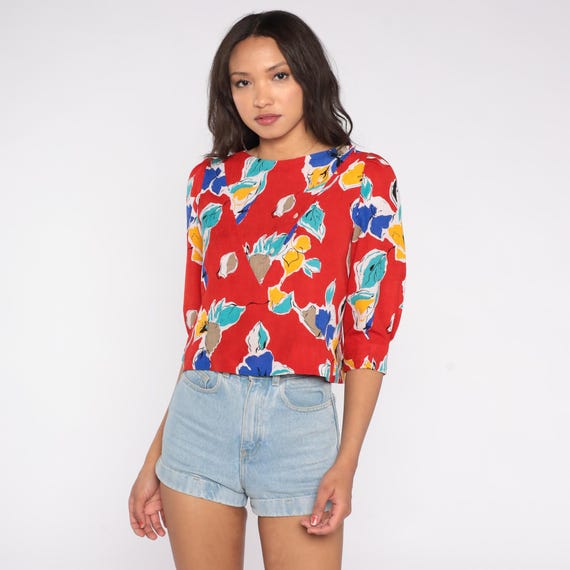 80s Abstract Floral Blouse Red Blue Yellow Green Cotton Blend Puff Sleeve Button Front Pleated Top Bold Print Painterly Extra Small XS