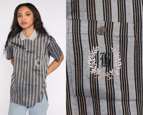 Striped Polo Shirt Embroidered G Crest 90s Top Half Button Up Tshirt Pocket Front Grey Black 1990s Short Sleeve Shirt Vintage Preppy Large L