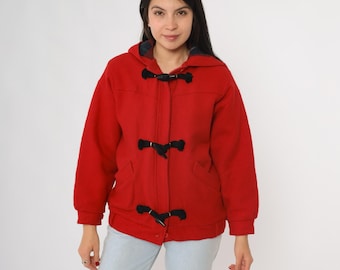 80s Woolrich Jacket Toggle Coat Red Hooded Black Toggle Closures Wool Duffle Coat Plaid Lining  Winter Outerwear Preppy Cozy Small S