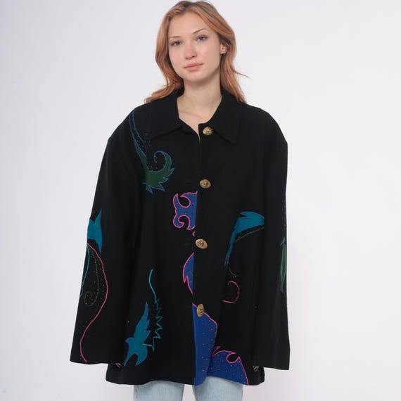 Beaded Embroidered Blazer 90s Jacket Black Wool Abstract Teal Green Pink Blue Gold Button Statement Coat Maximalist Vintage Extra Large XL