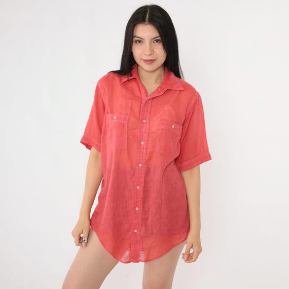 70s Sheer Red Shirt Vintage Button Up Collared Top Retro Preppy Short Sleeve Plain Basic Seventies 1970s Men's Medium M