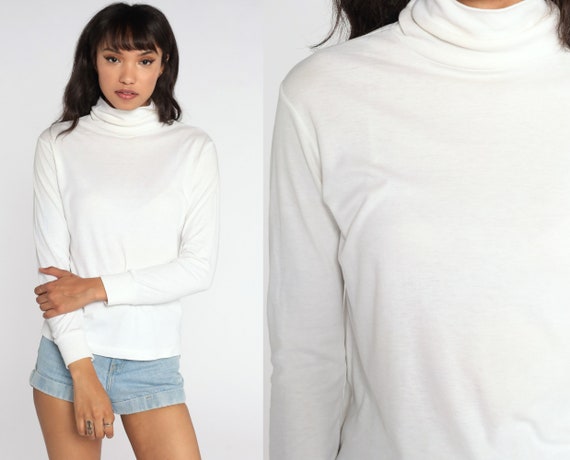 Turtleneck Shirt White Shirt 80s Top Long Sleeve Shirt 1980s Funnel Retro Funnel Turtle Neck Top Vintage Simple Plain Medium