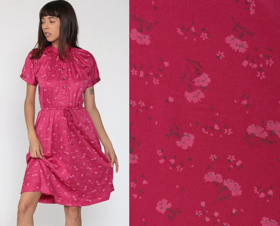 70s Floral Dress Deep Pink Dress Boho Midi Button Up Raglan Sleeve 1970s Vintage High Waist Bohemian Slouchy Secretary Extra Small xs