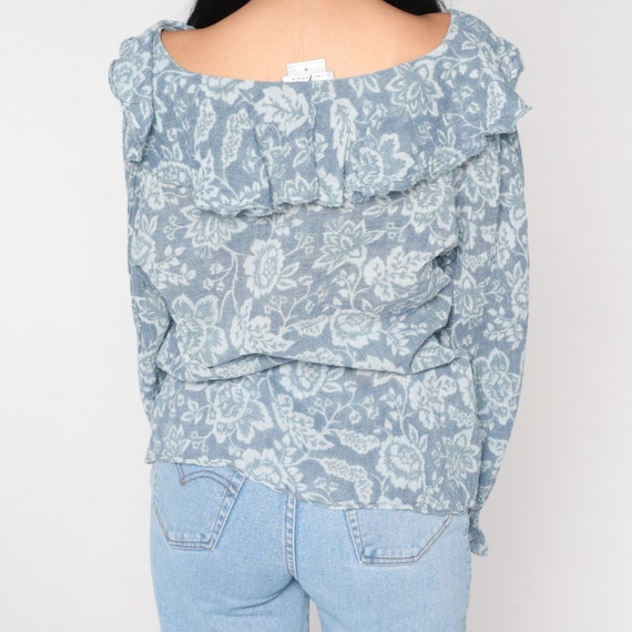 Floral Ruffle Blouse 90s Blue Poet Sleeve Shirt B… - image 7