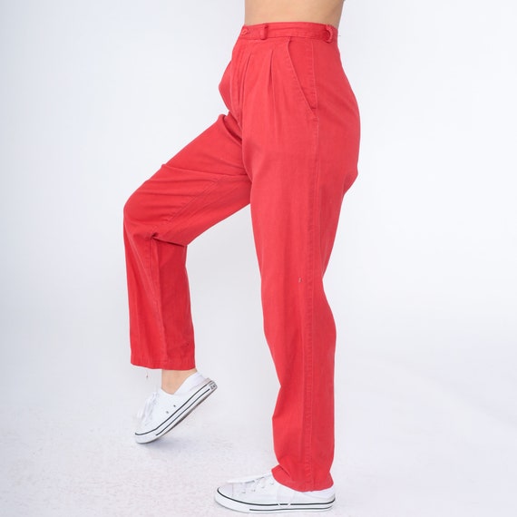 Red Cotton Trousers 80s Sasson Pleated Pants High Waisted Rise Tapered Leg Retro Preppy Slacks Plain Mom Vintage 1980s Extra Small xs 24