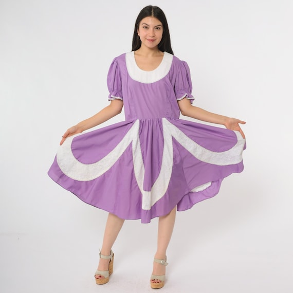 Purple Prairie Dress 70s Puff Sleeves Square Dance Western Cottagecore White Lace Trim Midir Partners Please Vintage Folk Country Large L