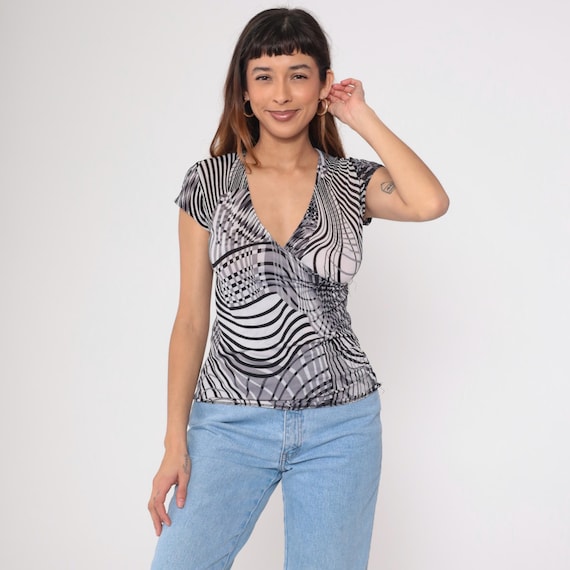 Y2K Striped Blouse Op Art Faux Wrap Top Black Grey Deep V Neck Shirt Short Sleeve Vintage 00s Fitted Large L