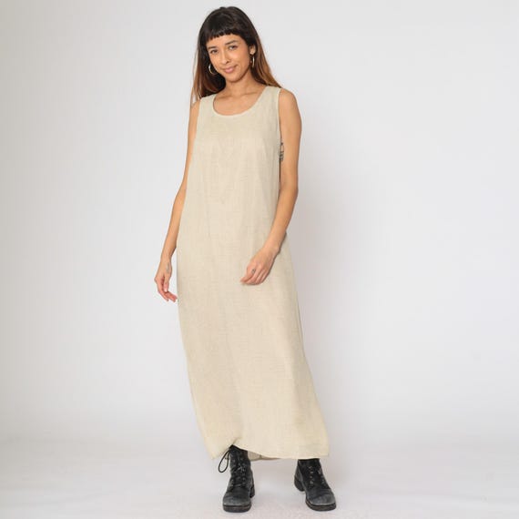 Vintage 90s Minimalist Dress Beige Sleeveless Maxi Scoop Neck Textured Fabric Side Slit Dressbarn Classic Boho USA Size 14 Large