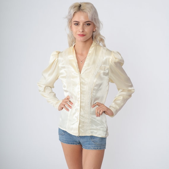 Gunne Sax Blouse 70s Cream Satin Top Lace Trim Long Puff Sleeve Shirt Pearl Beaded Bohemian Button Up V Neck Victorian Vintage 1970s Small S